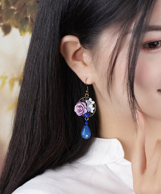 Blue Copper Shell Flower Chalcedony Drop Earrings