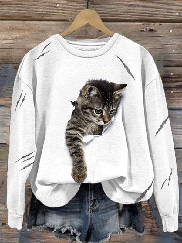 Cat Scratch Print Linen Blend Sweatshirt elevenforest