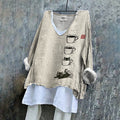 Women's Cat Coffee Cup Japanese Art Painting Print V-Neck Blouse elevenforest