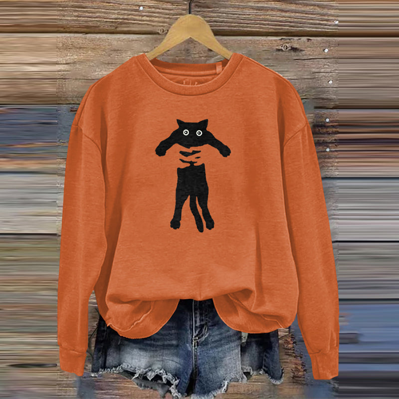 Women's Hugging Black Cat Abstract Art Painting Sweatshirt elevenforest