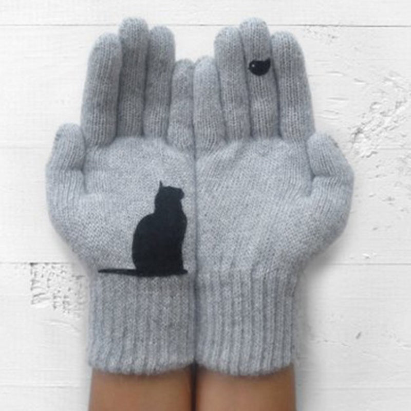 Warm Cat Bird Print Wool Knitted Gloves elevenforest