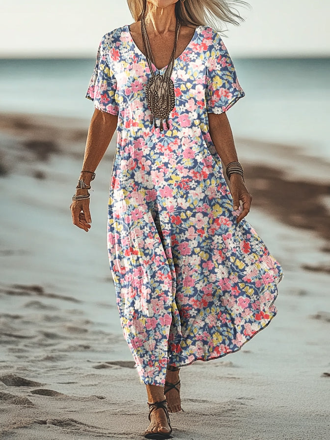Women's Floral Art Print Short Sleeve Pocket Cotton Dress