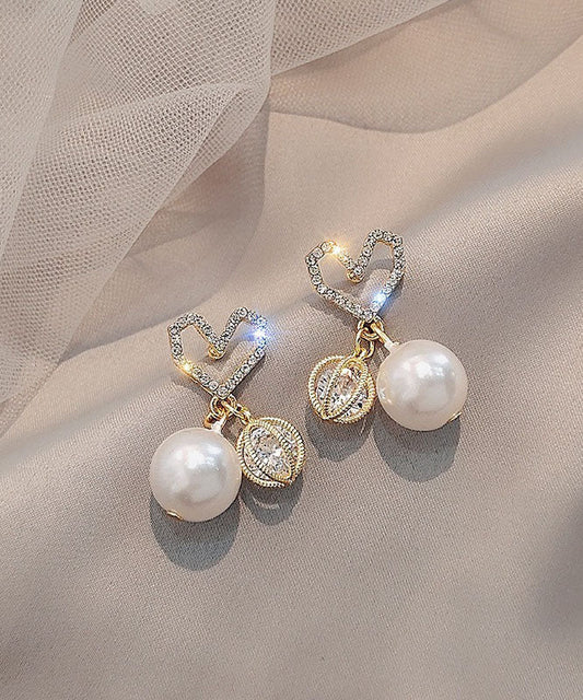 Gold Sterling Silver Alloy Zircon Love Pearl Drop Earrings