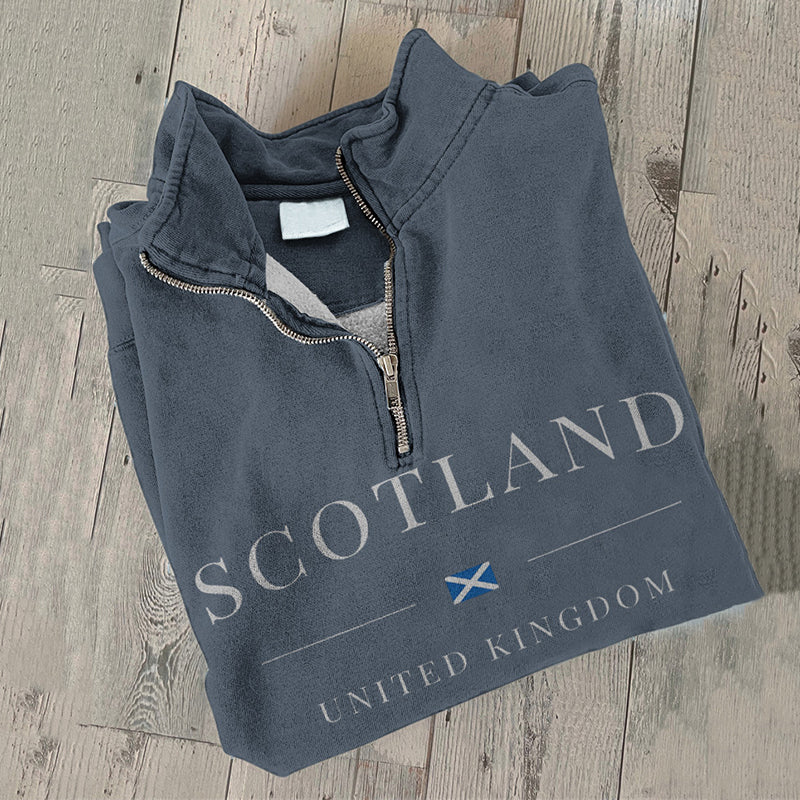 Comstylish Vintage Scotland Travel Print Zipper V Neck Casual Sweatshirt