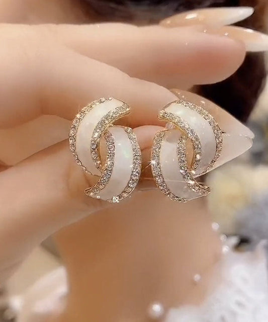White Sterling Silver Zircon Geometric Double C Hoop Earrings