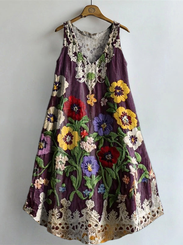 Women's Vintage Lace Floral Art Print V-neck Pocket Cotton Dress