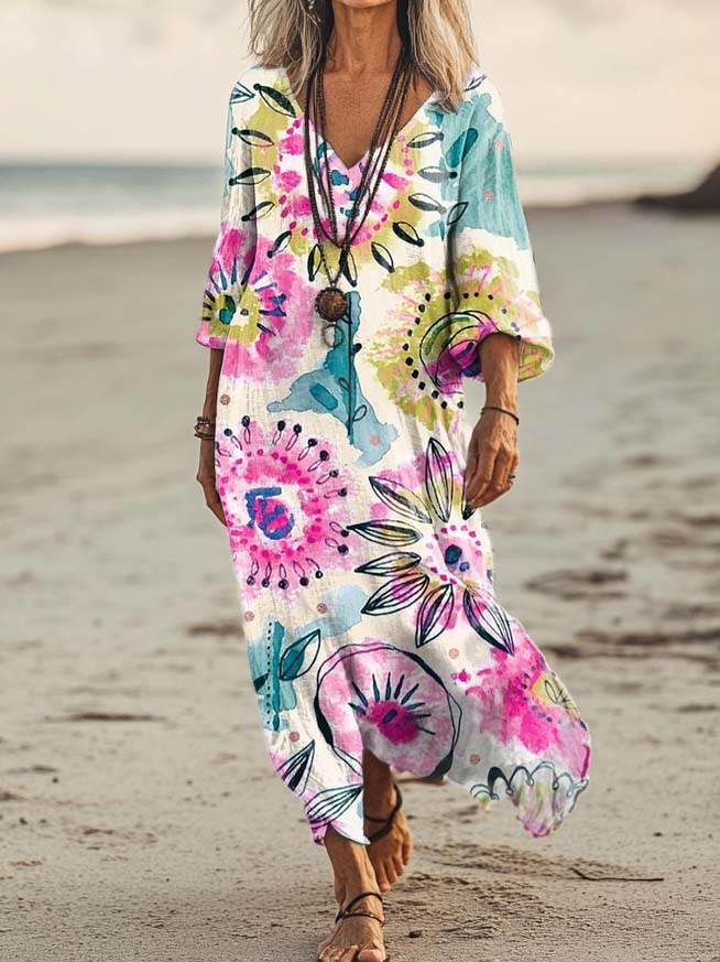 Women's Floral Print Art Print Pocket Cotton Dress