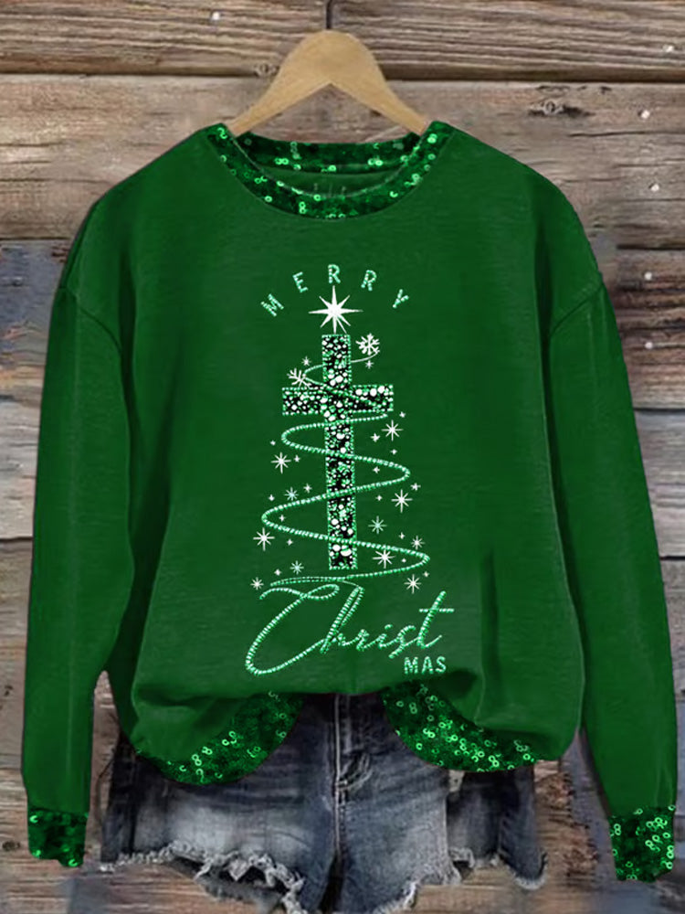 Comstylish Women's Christmas Cross Print Round Neck Sweatshirt