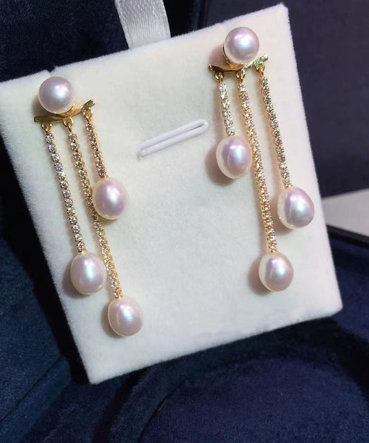 Gold Sterling Silver Overgild Zircon Pearl Tassel Drop Earrings
