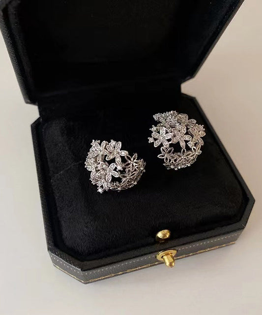 Silk Sterling Silver Zircon Hollowed Out Hoop Earrings
