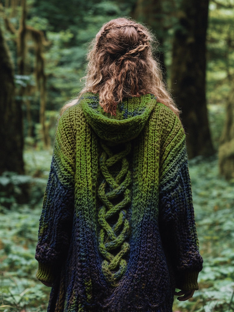Women's Celtic Knot Retro Rainbow Chunky Knit Hooded Cardigan artswardrobe