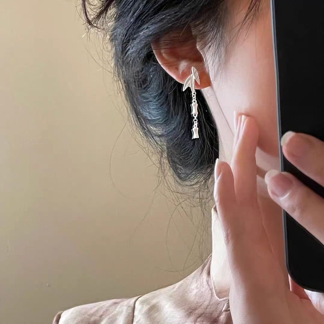 Silk Sterling Silver Bamboo Leaves Wind Chime Drop Earrings