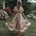 Women's Retro Flower Embroidery Art V-neck Short Sleeve Maxi Dress artswardrobe