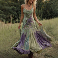 Vintage Classy Gradient Purple Lavender And Floral Embroidered Linen Suspender Long Dress artswardrobe