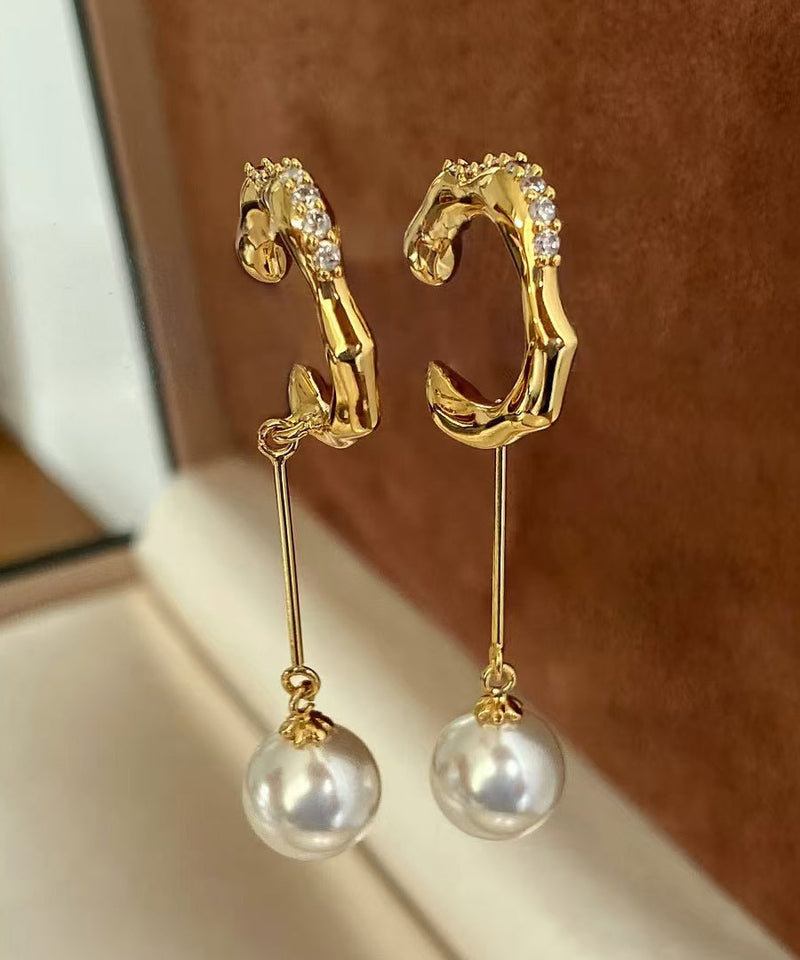 Gold Zircon Pearl Tassel Drop Earrings