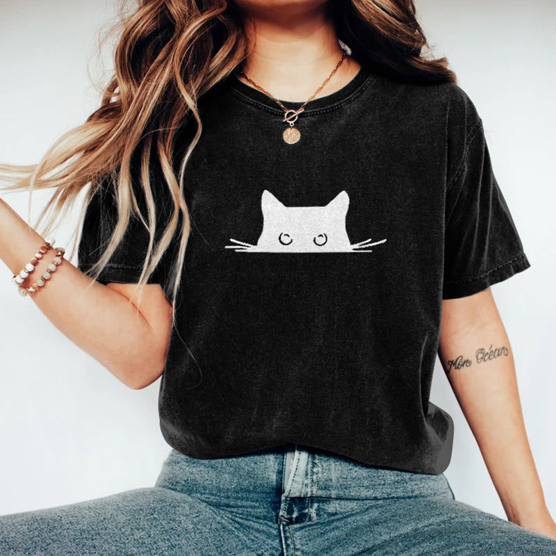 Abstract Creative Embroidered Black Cat Art Print  T-shirt elevenforest