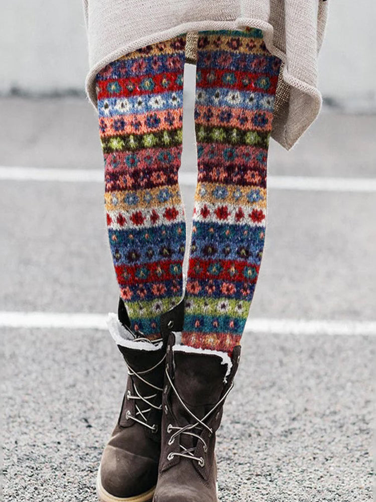 Vintage Boho Floral Colorful Striped Cozy Leggings artswardrobe