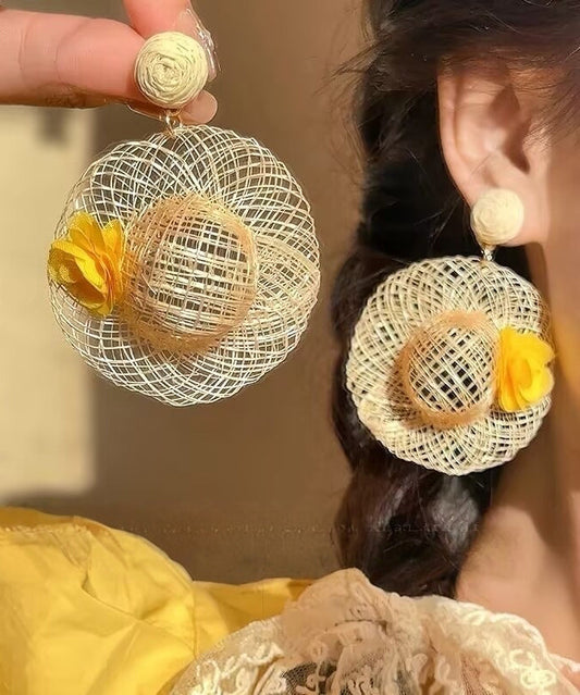Vogue Beige Weave Straw Hat Drop Earrings