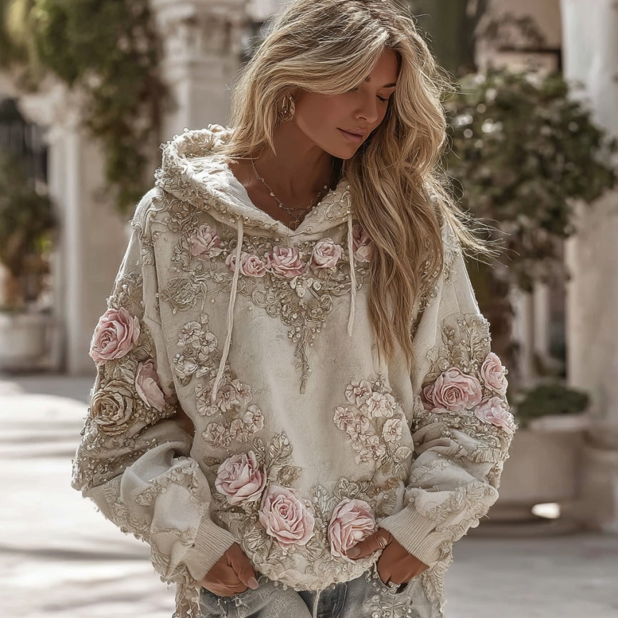 Comstylish Women's Vintage Floral Embroidery Art Casual Hoodie