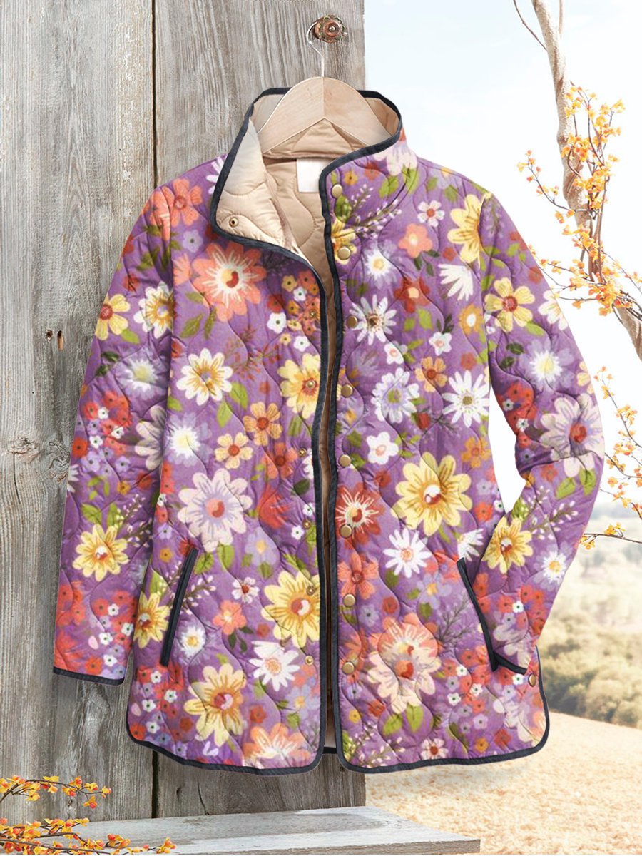 Women's Retro Floral  Art Print Casual Quilted Cardigan