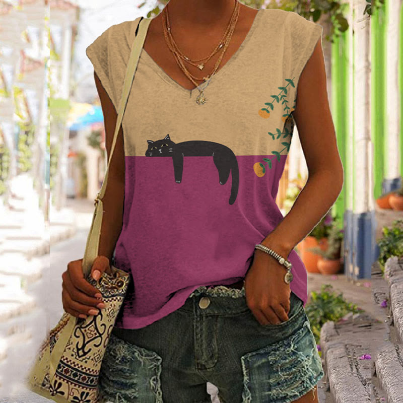 Abstract Creative Lazy Black Cat Art Painting Art Tank Top elevenforest