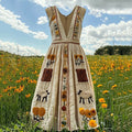 Women's Vintage Floral Sheep Art Embroidery Maxi Dress artswardrobe