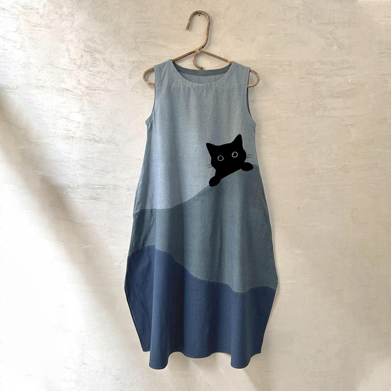 Women's Cute Black Cat In Contrast Color Design Midi Dress elevenforest