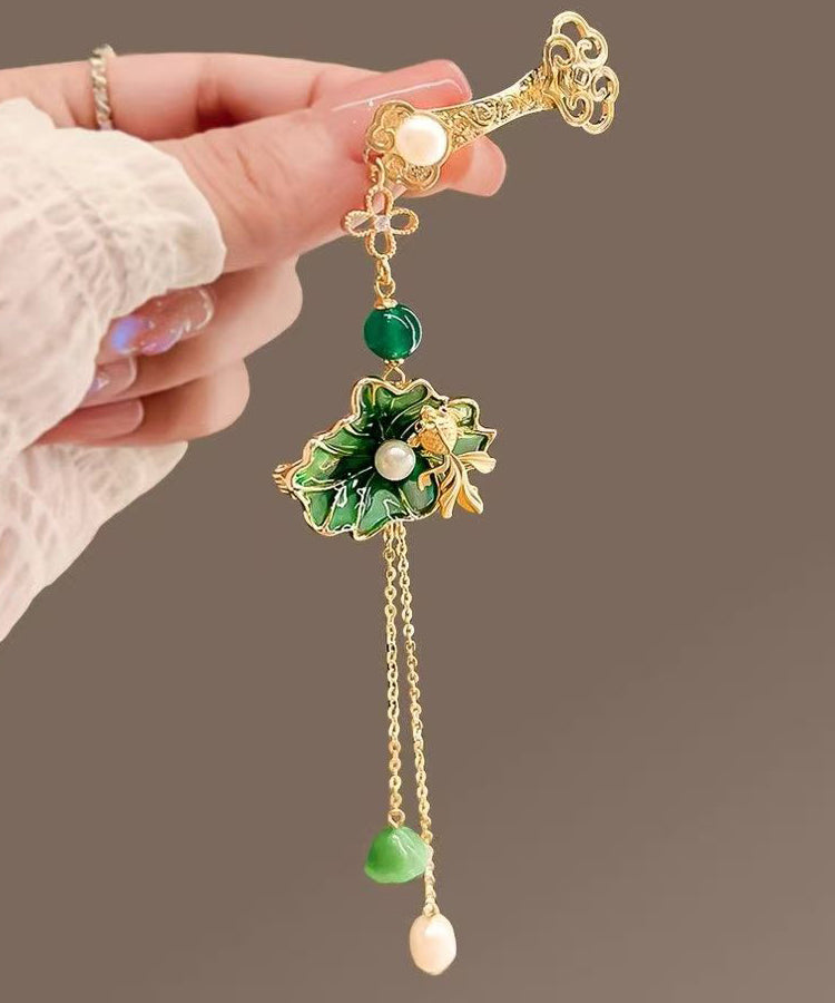 Green Copper Pearl Orchid Tassel Hairpin