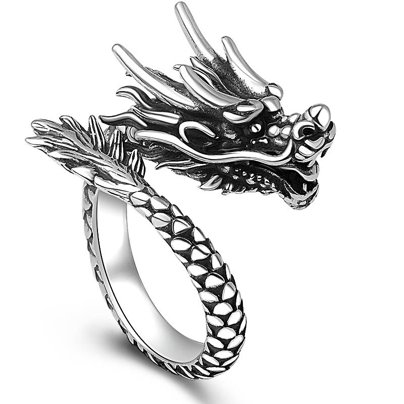 Buddha Stones 990 Sterling Silver Dragon Design Luck Protection Strength Adjustable Ring