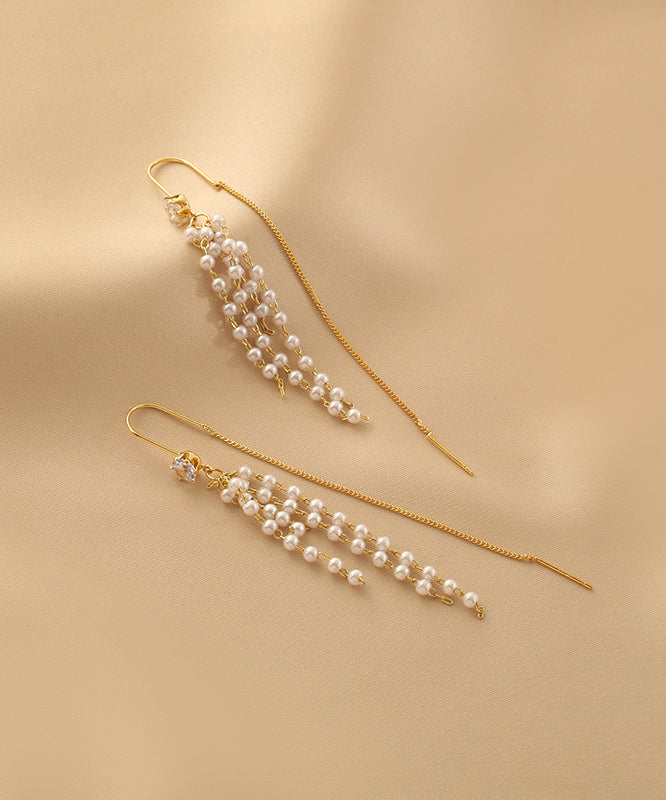 Gold Sterling Silver Alloy Pearl Tassel Drop Earrings