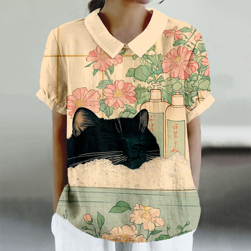 Comstylish Vintage Black Cat In A Bathtub Japanese Art Linen Shirt