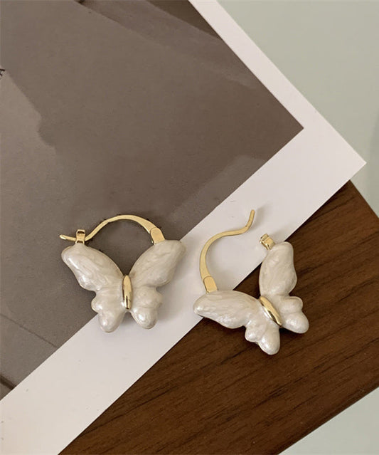 White Copper Overgild Drop Glaze Butterfly Hoop Earrings