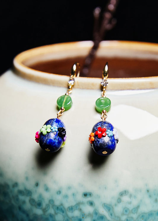 Handmade Multicolour Flower Bluestone Jade Drop Earrings