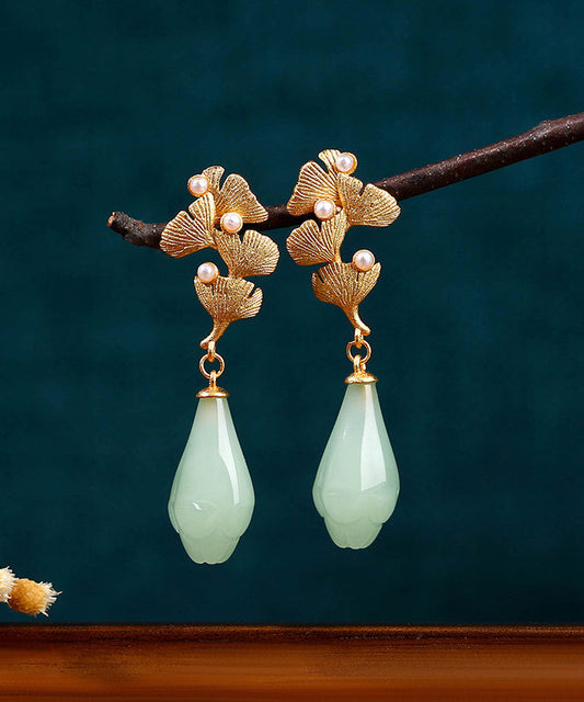 Light Green Copper Overgild Pearl Ginkgo Leaf Water Drop Drop Earrings