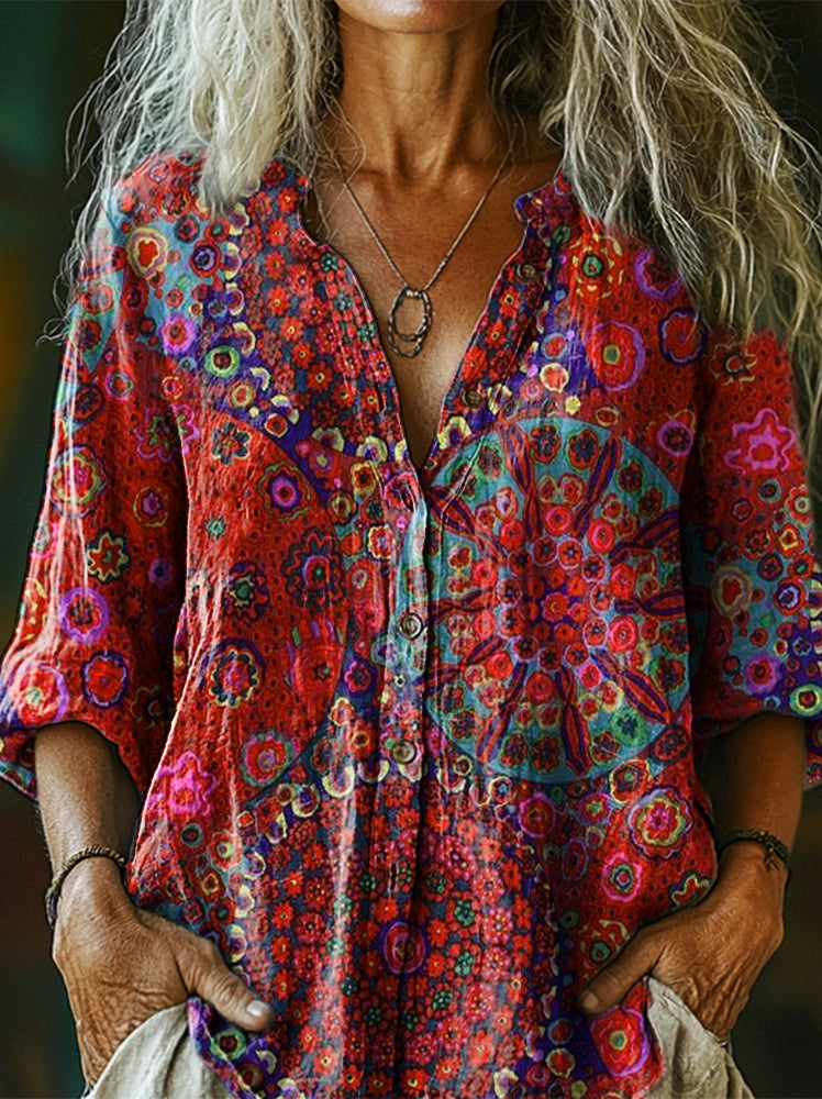 Women's Bohemian Ethnic Mandala Art Print Casual Cotton Linen Shirt