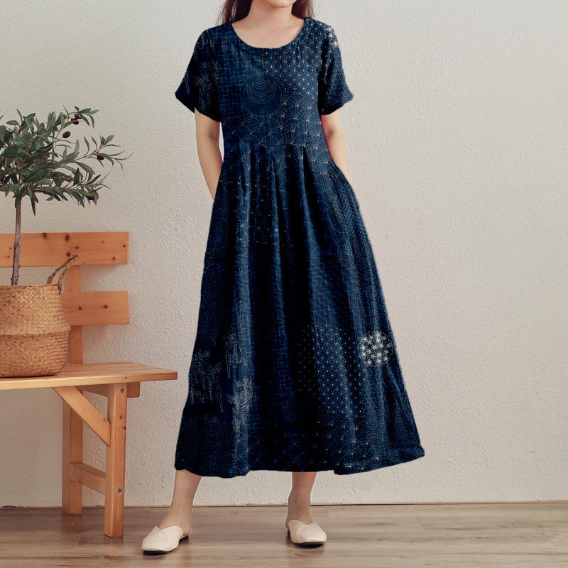 Vintage Japanese Traditional Sashiko Art Linen Maxi Dress artswardrobe
