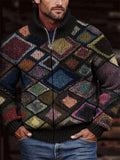 Men's Retro Colorblock Geometric Crochet Cozy Zip Cardigan artswardrobe