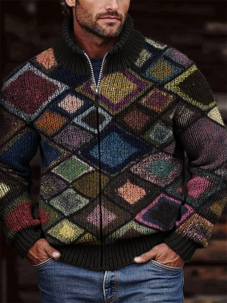 Men's Retro Colorblock Geometric Crochet Cozy Zip Cardigan artswardrobe