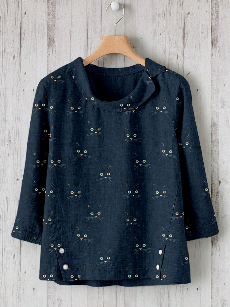 Cute Cat Face Pattern Linen Blend Cozy Tunic elevenforest