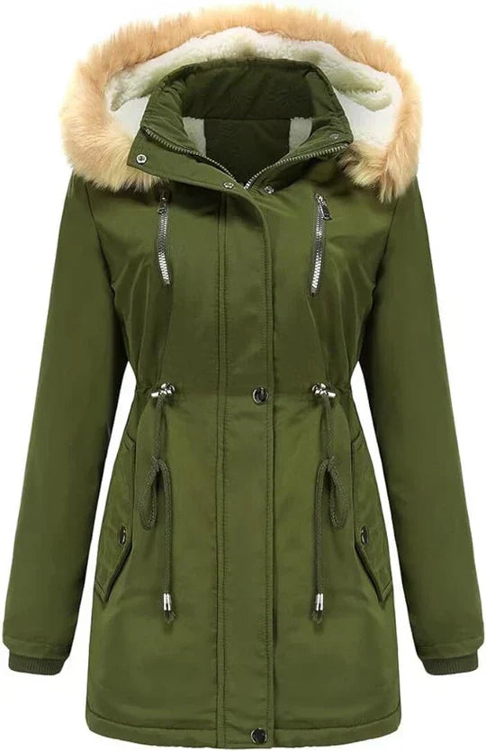 LM | long coat with faux fur hood and fleece lining