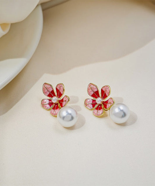 Stylish Red Copper Alloy Pearl Drop Earrings