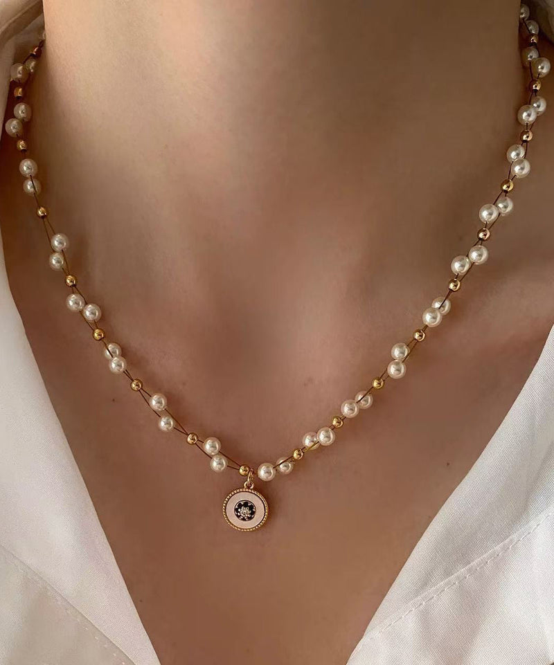 Pearl Double Layered Gilded Circle Pendant Necklace