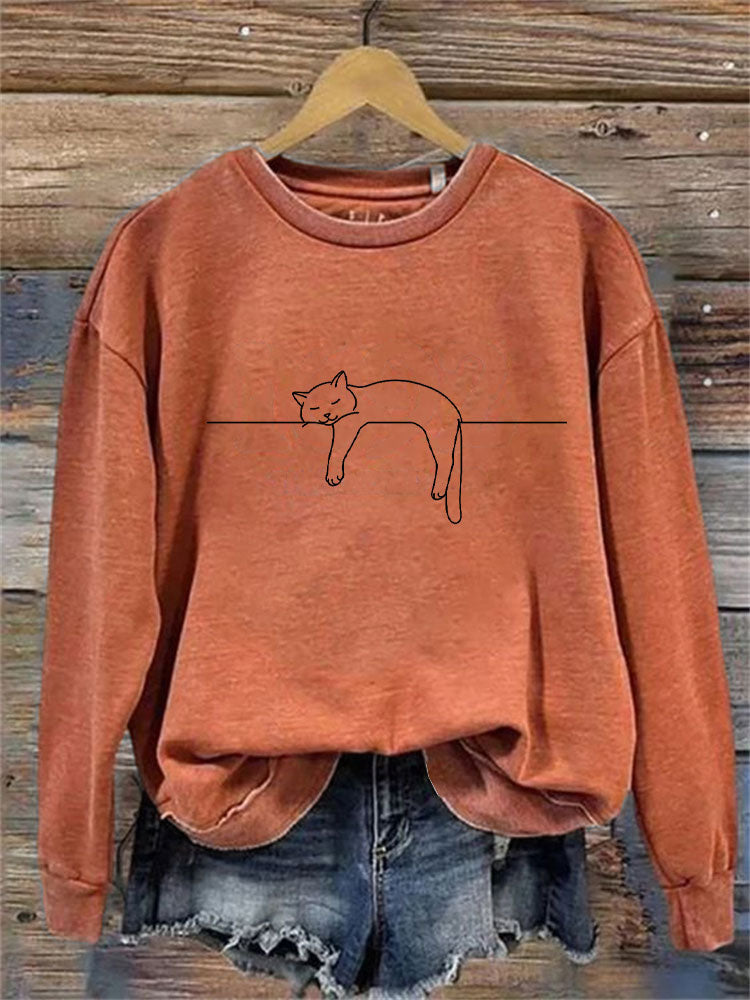 Women's Casual Funny Black Cat Print Sweatshirt elevenforest