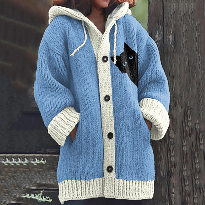 Vintage Peek-A-Boo Hiding Black Cat Pattern Women's Hooded Sweater Cardigan elevenforest
