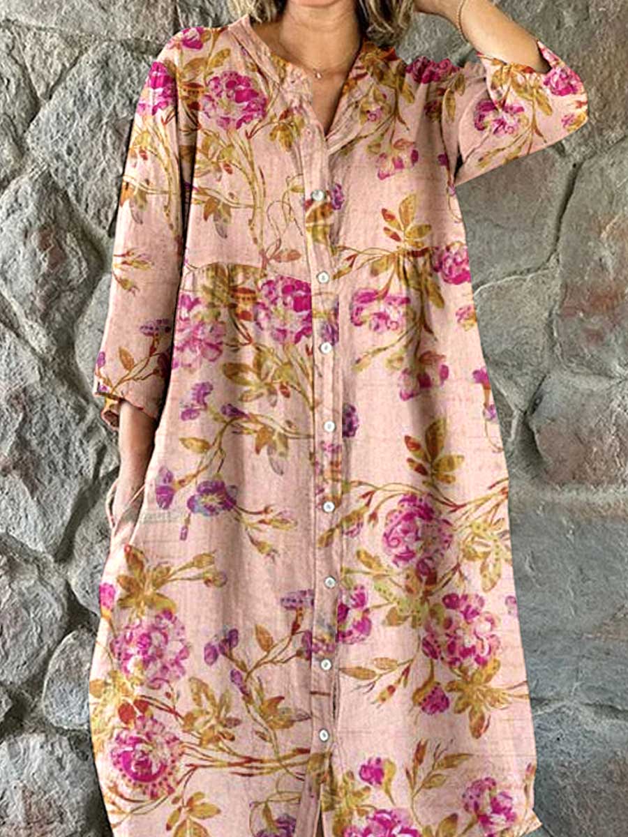 Women's Resort Rose Floral Pattern Cotton Shirt Dress