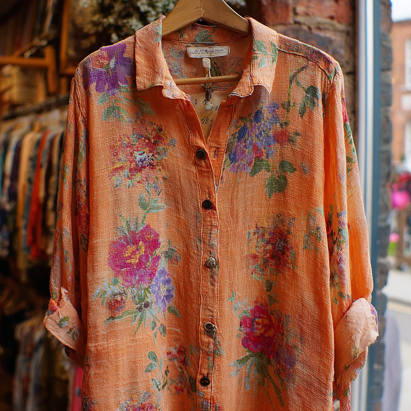 Women's Bohemian Floral Print Casual Linen Long-sleeved Shirt elevenforest