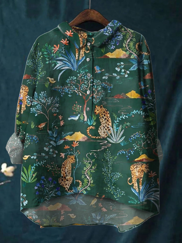 Watercolor Plants And Animals Print Cotton And Linen Shirt