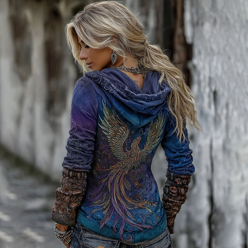 Comstylish Women's Viking Mythology Phoenix Embroidery Comfortable Warm V-neck Hoodie