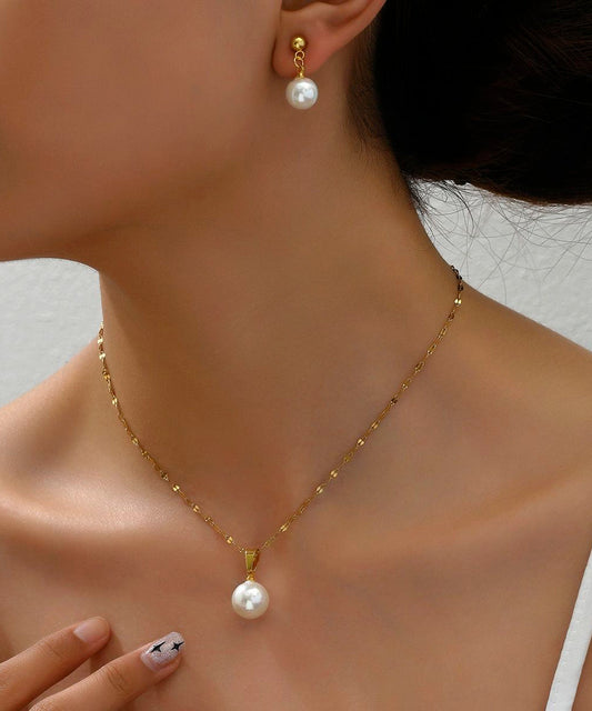 Stylish Gold Copper Overgild Jade Pendant Necklace and Drop Earrings Two-piece Set