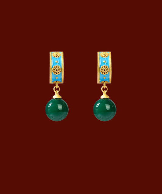 Retro Blue Ancient Gold Chalcedony Hoop Earrings
